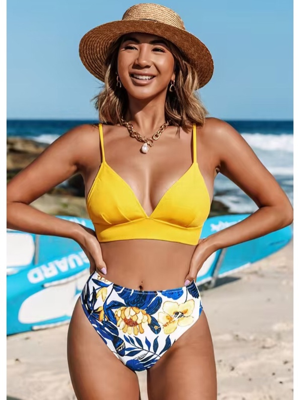 NWT Cupshe Yellow and Blue Leaves Print High Waist Bikini Sz M